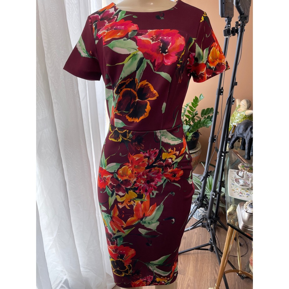 Sable + Zoe Floral Sheath Dress Burgundy Short Sleeve Knee Length Size M